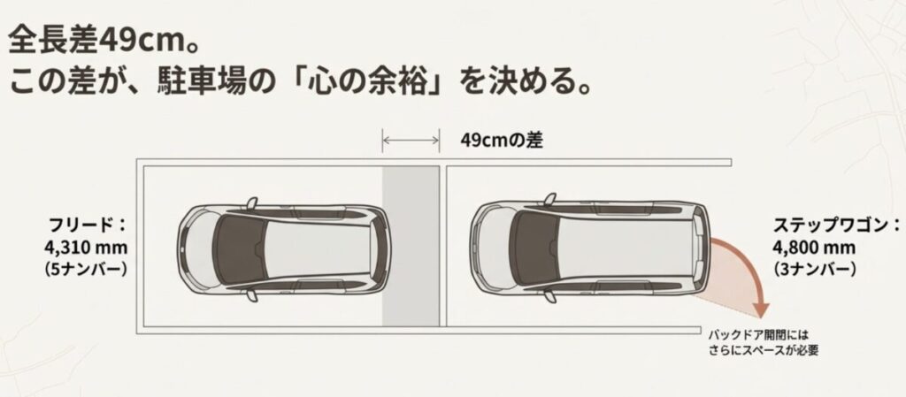 ファミカーオンライン | フリードとステップワゴンの比較!どっちを選ぶ?家族の最適解 フリード(4,310mm)とステップワゴン(4,800mm)の全長差49cmとバックドア開閉スペースの比較図