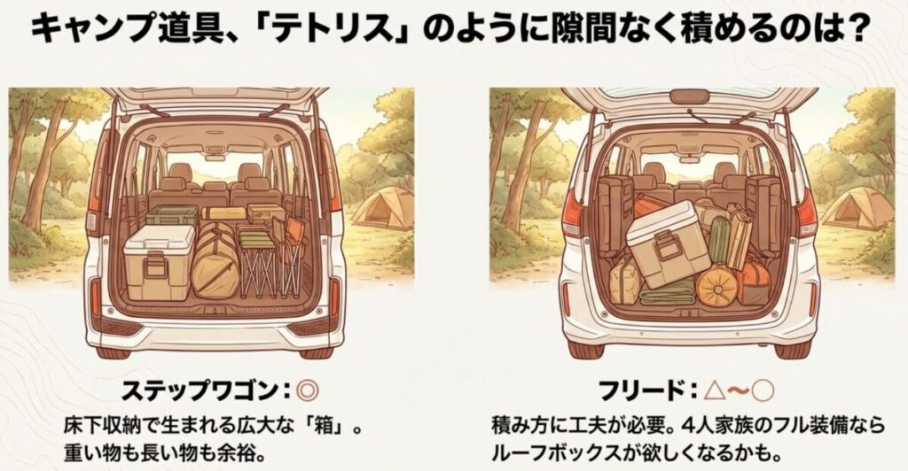 ファミカーオンライン | フリードとステップワゴンの比較!どっちを選ぶ?家族の最適解 ステップワゴンの広大な荷室空間とフリードの積載工夫を比較したキャンプ道具パッキングイメージ