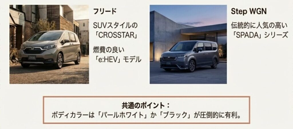 ファミカーオンライン | フリードとステップワゴンの比較!どっちを選ぶ?家族の最適解 フリード(CROSSTAR)とステップワゴン(SPADA)の人気グレードおよび有利なボディカラーの解説