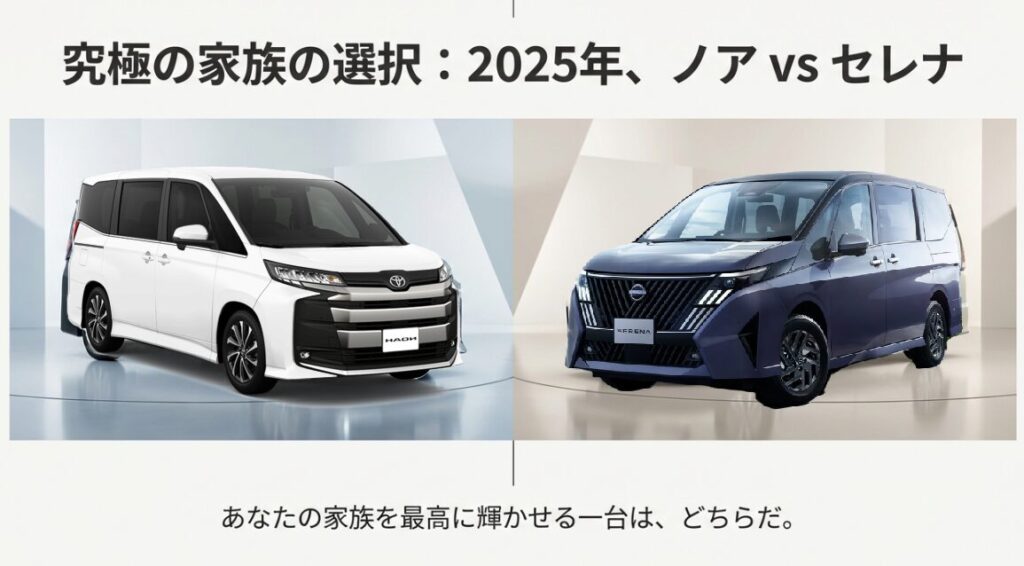 トヨタ・ノアと日産・セレナの車両外観比較とタイトル「究極の家族の選択」