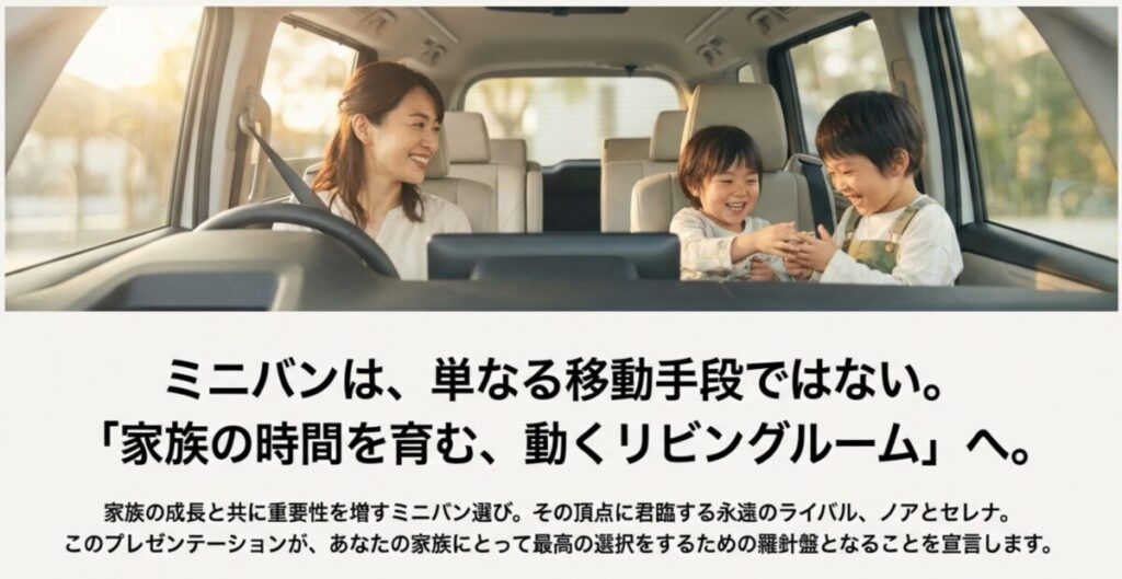 ファミカーオンライン | ノアとセレナを比較!2025年最新モデルの燃費やサイズ・価格の違い 車内で笑顔で過ごす母親と子供たちのイメージ画像と「家族の時間を育む、動くリビングルーム」というテキスト