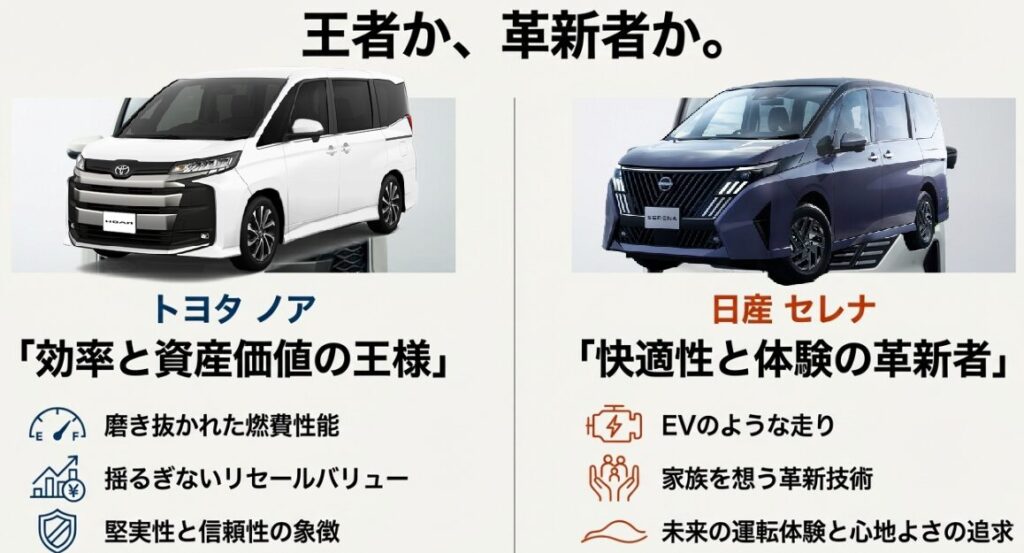ファミカーオンライン | ノアとセレナを比較!2025年最新モデルの燃費やサイズ・価格の違い ノア(効率と資産価値の王者)とセレナ(快適性と体験の革新者)の比較
