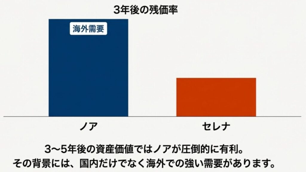 ファミカーオンライン | ノアとセレナを比較!2025年最新モデルの燃費やサイズ・価格の違い 海外需要の強さによるノアの圧倒的なリセールバリューの優位性を示すグラフイメージ