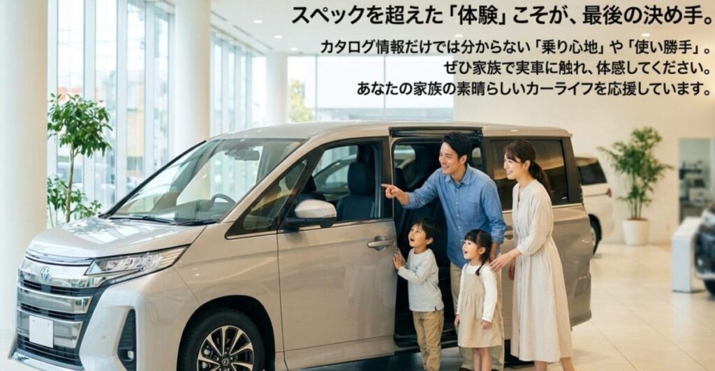 ファミカーオンライン | ノアとセレナを比較!2025年最新モデルの燃費やサイズ・価格の違い ディーラーで車を見ながら笑顔で会話する家族と「あなたの素晴らしいカーライフを応援しています」のメッセージ