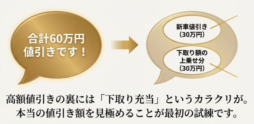 新車値引きと下取り額の上乗せを合算した「下取り充当」のカラクリ図解
