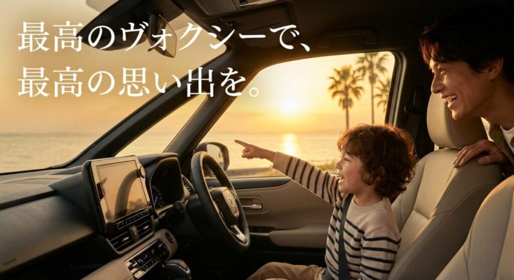 ヴォクシーを手に入れた後の家族の幸せなカーライフを象徴するイメージ