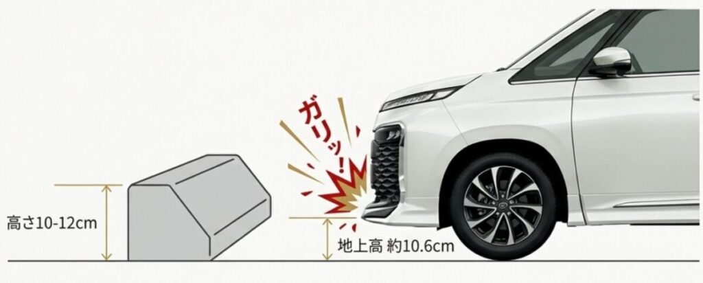 モデリスタのフロントスポイラーとコンビニ車止めの高さ比較